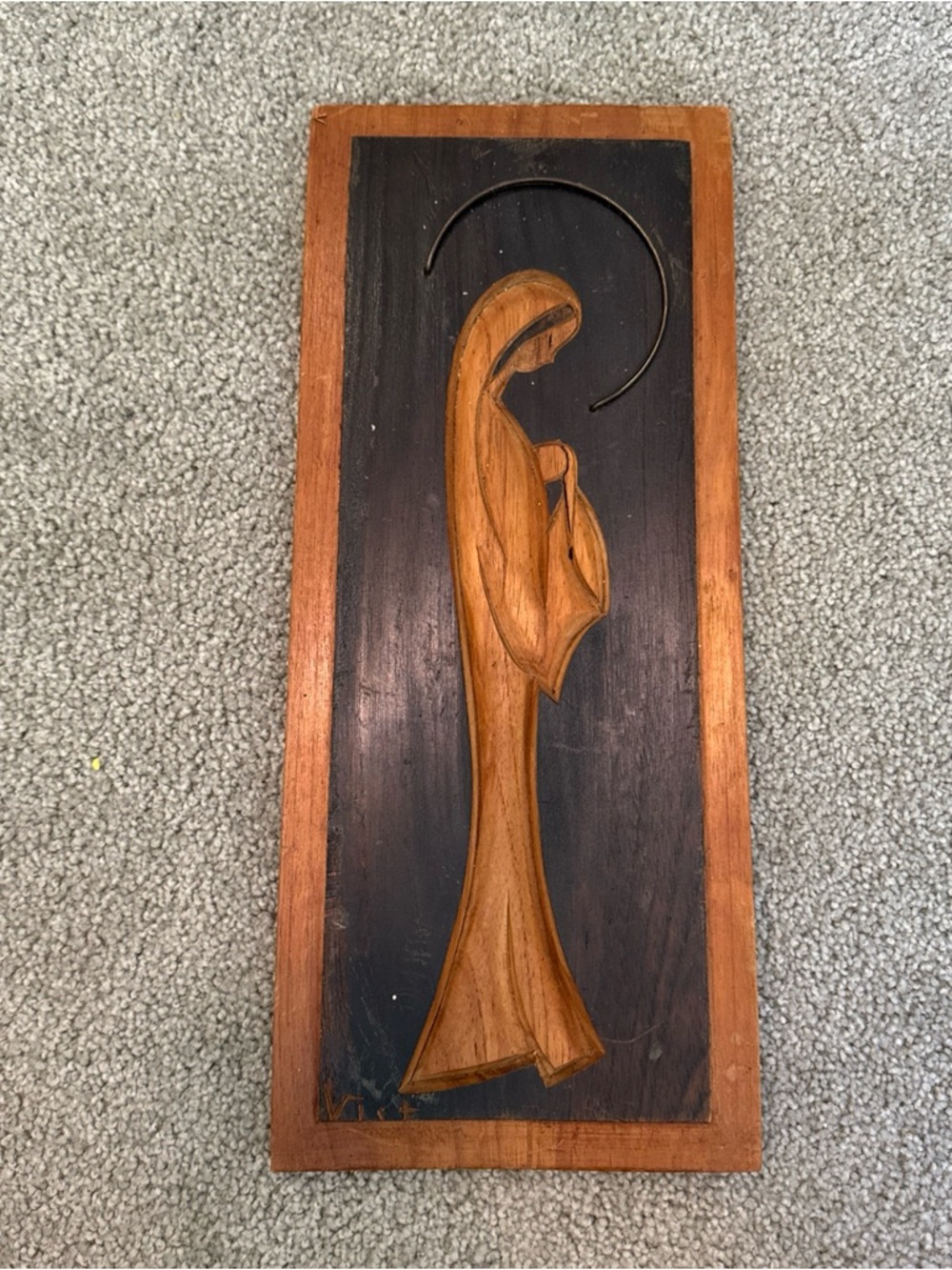 Vintage hand carved wood 15” Virgin Mary Signed Plaque wall Art Religious